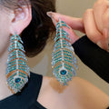 Silver Needle Rhinestone Leaf Feather Stud Earrings For Women Vintage Palace Alloy Jewelry view 4