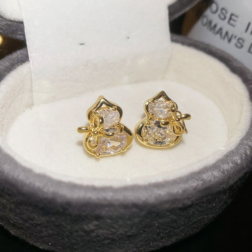 Light Luxury Gold Plated Copper Zircon Gourd Stud Earrings With Silver Posts