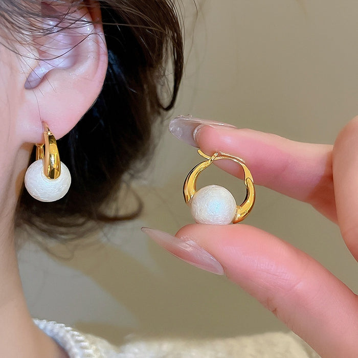 Gold Plated Round Faux Pearl Earrings For Women, Vintage Elegant Geometric Light Luxury Ear Cuffs