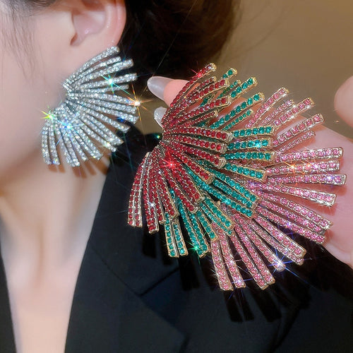 Alloy Steel Pin Rhinestone Geometric Fan Tassel Stud Earrings For Women