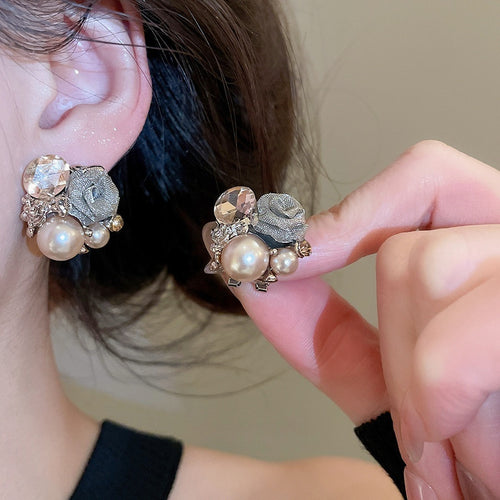 Light Luxury Floral Faux Pearl Stud Earrings With Rhinestone Accents For Women