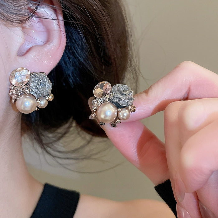 Light Luxury Floral Faux Pearl Stud Earrings With Rhinestone Accents For Women