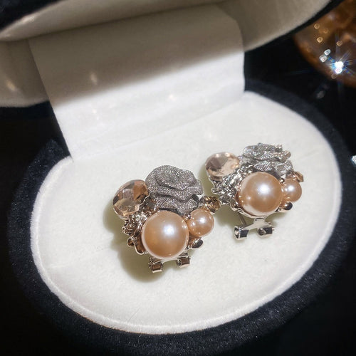 Light Luxury Floral Faux Pearl Stud Earrings With Rhinestone Accents For Women