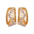 18K Gold Plated Faux Pearl C Shape Hollow Geometric Stud Earrings, Light Luxury Minimalist Style view 5
