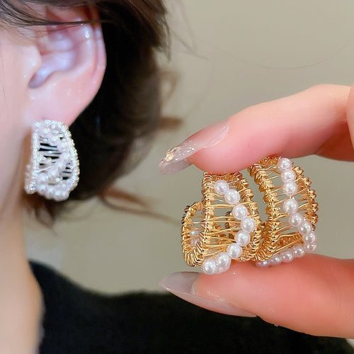 18K Gold Plated Faux Pearl C Shape Hollow Geometric Stud Earrings, Light Luxury Minimalist Style