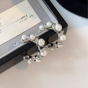 Light Luxury C-Shaped Faux Pearl Stud Earrings With Zircon Lace Silver Pins For Women
