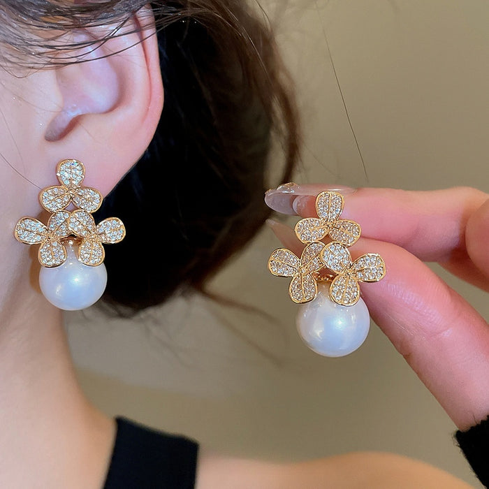 Zircon Faux Pearl Flower Stud Earrings Elegant Luxury Floral Jewelry For Women