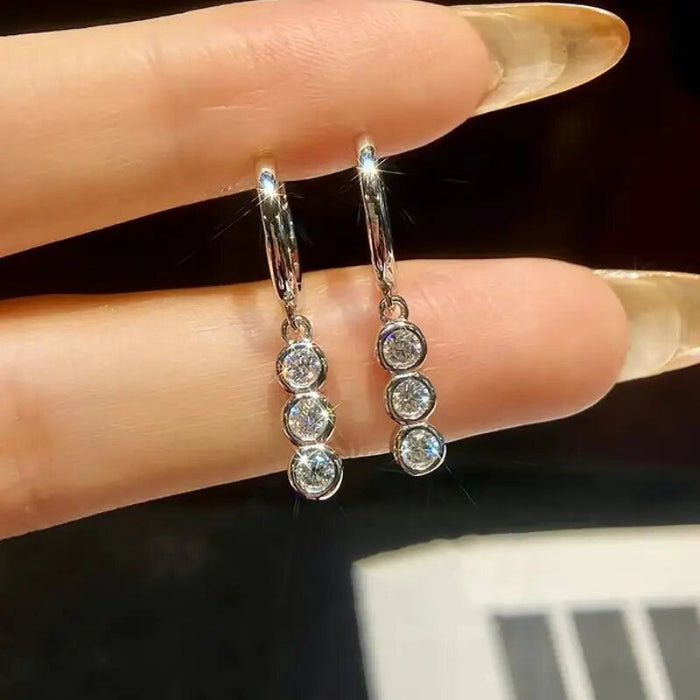 Korean Geometric Round Drop Earrings Short Row Rhinestone Hoop Earrings For Commuter Wear