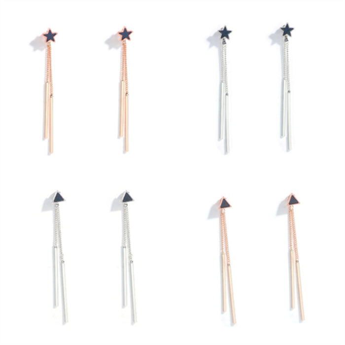 Silver Round Top Double Bar Long Front Back Stud Earrings