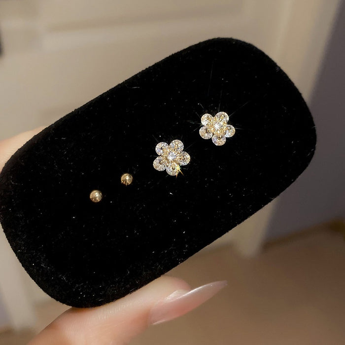 Copper Zircon Flower Stud Earrings Jewelry Set For Women Minimalist Versatile Floral Style