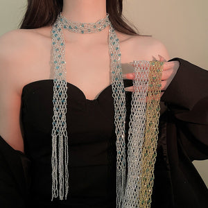 Vintage Geometric Faux Crystal Beaded Tassel Scarf Sweater Necklace For Women