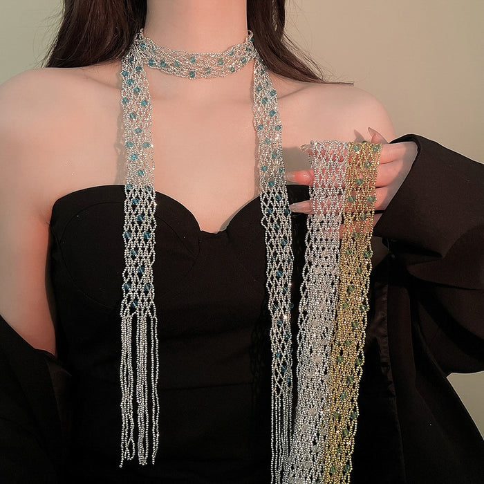 Vintage Geometric Faux Crystal Beaded Tassel Scarf Sweater Necklace For Women