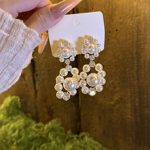 French Vintage Geometric Round Faux Pearl Zircon Stud Earrings For Women