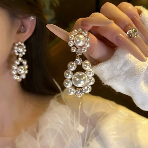 French Vintage Geometric Round Faux Pearl Zircon Stud Earrings For Women
