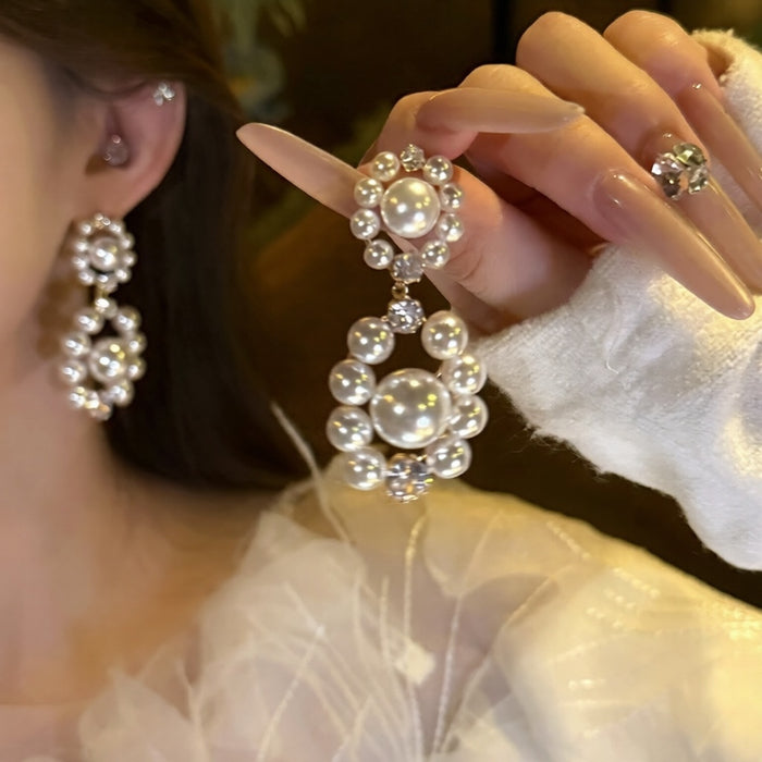 French Vintage Geometric Round Faux Pearl Zircon Stud Earrings For Women