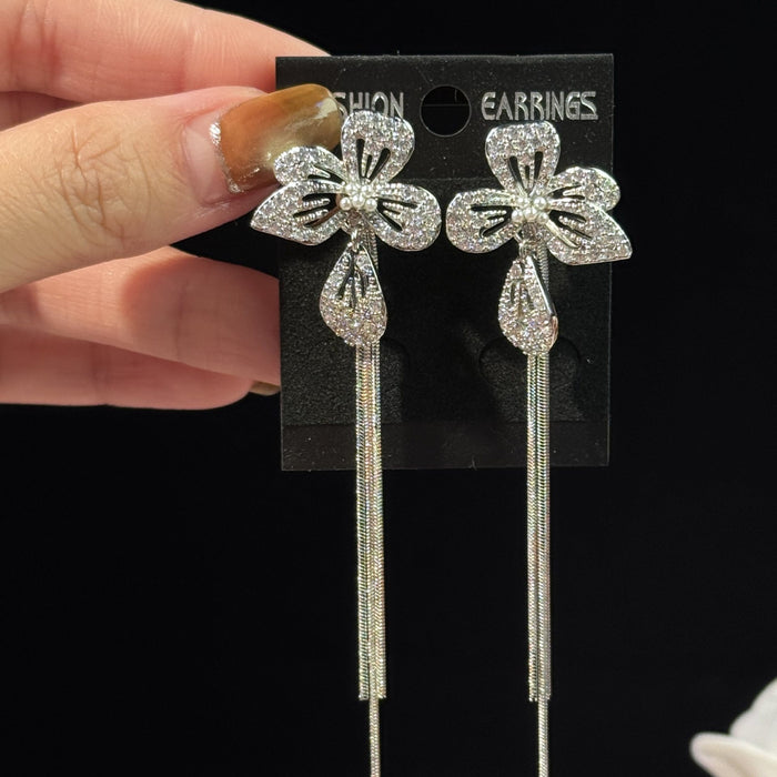 Copper Zircon Flower Tassel Earrings With Silver Needle Minimalist Elegant Light Luxury Style