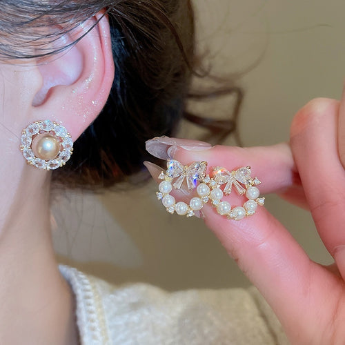 Light Luxury Bowknot Zircon Faux Pearl Stud Earrings With Silver Pins