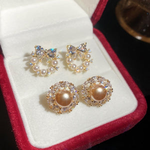 Light Luxury Bowknot Zircon Faux Pearl Stud Earrings With Silver Pins