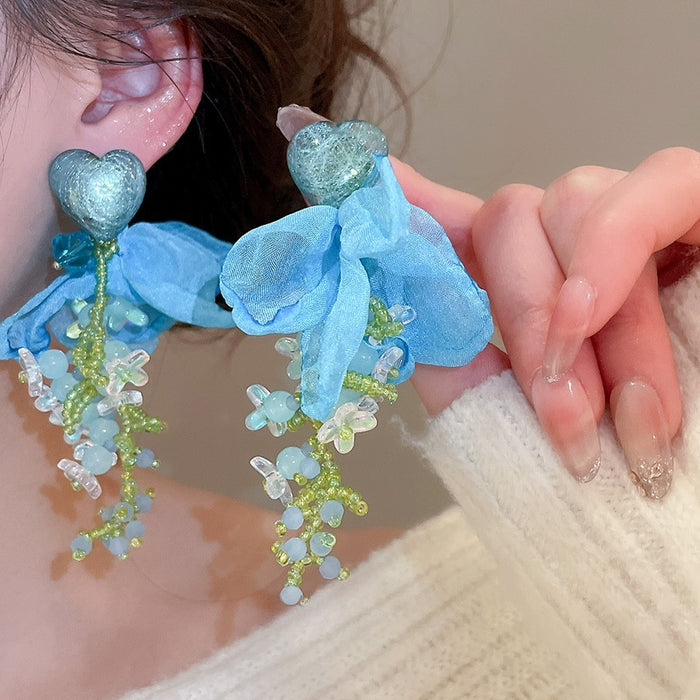 Sweet Heart Flower Crystal Tassel Fabric Drop Earrings With Silver Posts For Women