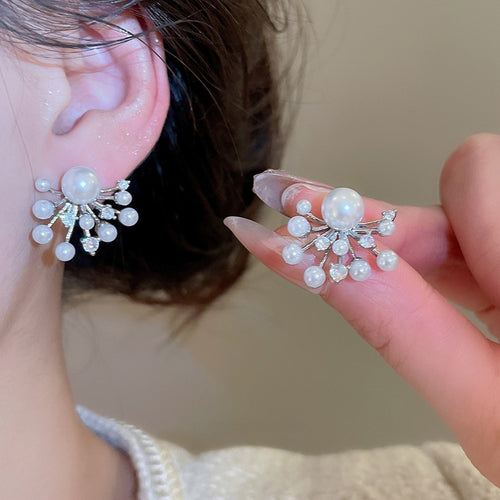 Light Luxury Geometric Faux Pearl Zircon Firework Stud Earrings For Women