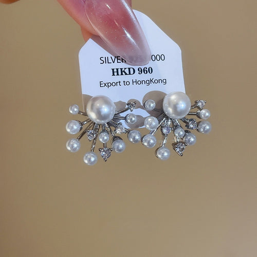 Light Luxury Geometric Faux Pearl Zircon Firework Stud Earrings For Women