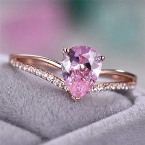 Rose Gold-Tone Pink Pear Ring With V-Shaped Crystal Band
