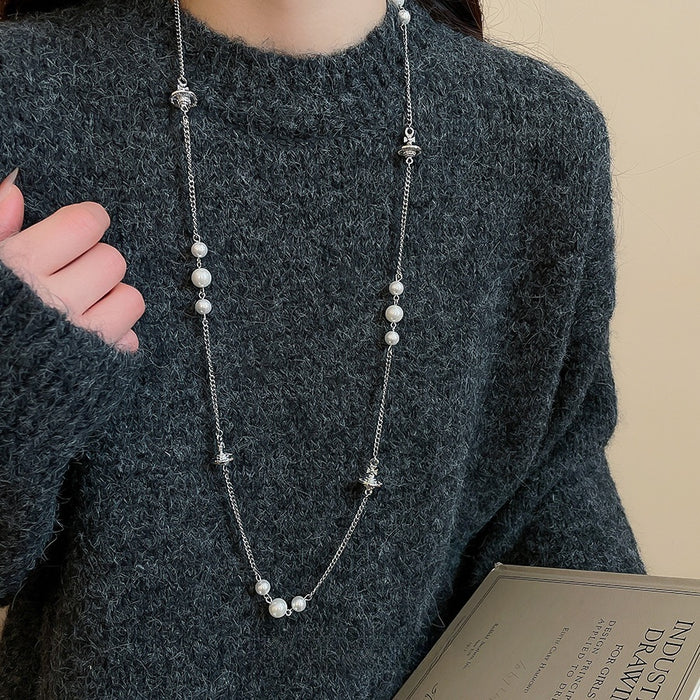 French Old Money Faux Pearl Saturn Star Sweater Necklace Vintage Elegant Light Luxury Choker