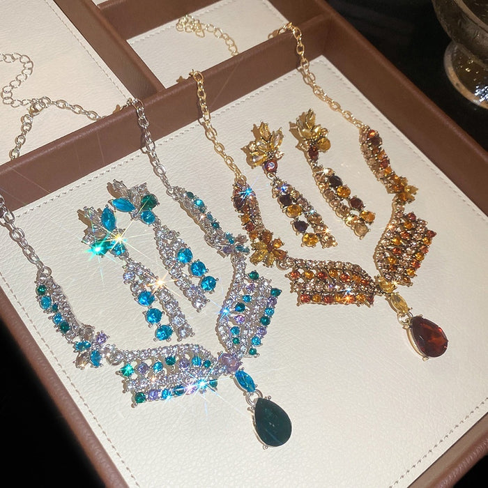 French Court Style Alloy Floral Rhinestone Pendant Necklace And Earrings Jewelry Set
