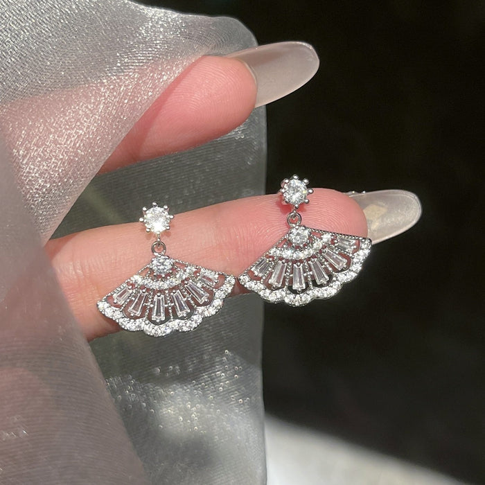Light Luxury Copper Zircon Fan Triangle Drop Earrings With Silver Pins Chinese Style