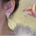 Niche Style Geometric Round Faux Pearl Zircon Flower Stud Earrings With Silver Pins view 1