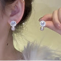 Niche Style Geometric Round Faux Pearl Zircon Flower Stud Earrings With Silver Pins view 3