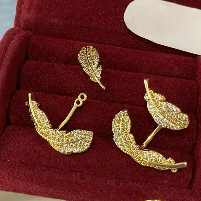 Gold Plated Copper Zircon Leaf Stud Earrings, Niche Geometric Light Luxury Design
