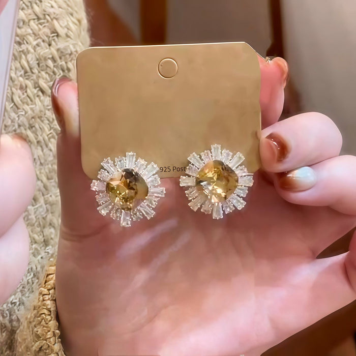 Copper Zircon Round Square Geometric Stud Earrings For Women, Light Luxury Court Style