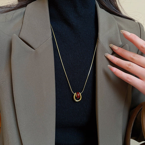 Gold Plated Copper U Pendant Sweater Necklace With Enamel Geometric Old Money Style