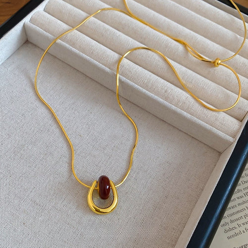 Gold Plated Copper U Pendant Sweater Necklace With Enamel Geometric Old Money Style