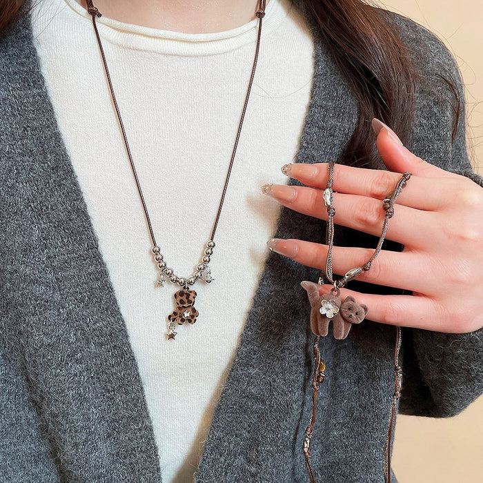 Old Money Alloy Flocked Teddy Bear Pendant Sweater Necklace For Autumn Winter Layering
