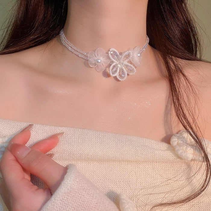 Old Money Style Stainless Steel Artificial Crystal Beaded Flower Collarbone Necklace for Women