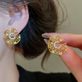 French Vintage Copper Zircon Hollow Wrinkled Round Stud Earrings For Women view 1