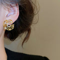 French Vintage Copper Zircon Hollow Wrinkled Round Stud Earrings For Women view 3