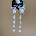 Rhinestone Bow Faux Pearl Tassel Drop Earrings With Silver Needle Posts, Playful Geometric Style view 2