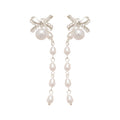 Rhinestone Bow Faux Pearl Tassel Drop Earrings With Silver Needle Posts, Playful Geometric Style view 5