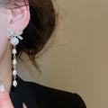 Rhinestone Bow Faux Pearl Tassel Drop Earrings With Silver Needle Posts, Playful Geometric Style view 3