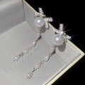 Rhinestone Bow Faux Pearl Tassel Drop Earrings With Silver Needle Posts, Playful Geometric Style view 4