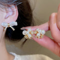 Gold Plated Silver Pin Zircon Floral Bow Faux Pearl Stud Earrings For Elegant Women view 2