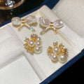 Gold Plated Silver Pin Zircon Floral Bow Faux Pearl Stud Earrings For Elegant Women view 3