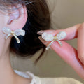 Gold Plated Silver Pin Zircon Floral Bow Faux Pearl Stud Earrings For Elegant Women view 4