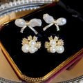 Gold Plated Silver Pin Zircon Floral Bow Faux Pearl Stud Earrings For Elegant Women view 1