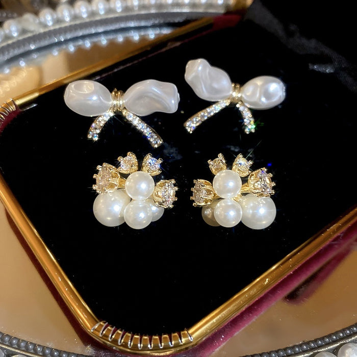 Gold Plated Silver Pin Zircon Floral Bow Faux Pearl Stud Earrings For Elegant Women