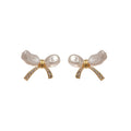 Gold Plated Silver Pin Zircon Floral Bow Faux Pearl Stud Earrings For Elegant Women view 5