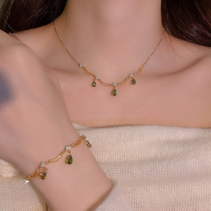 Gold Plated Copper Zircon Teardrop Lace Necklace Bracelet Jewelry Set For Women